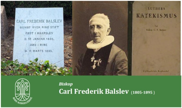 Billeder af Carl Frederik Balslev, hans gravminde og forsiden af Luthers Katekismus